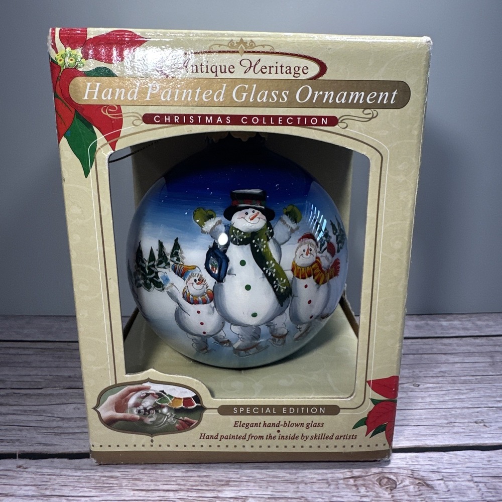 Antique Heritage Reverse Painted Glass Christmas Ornament  - Snowman Family
